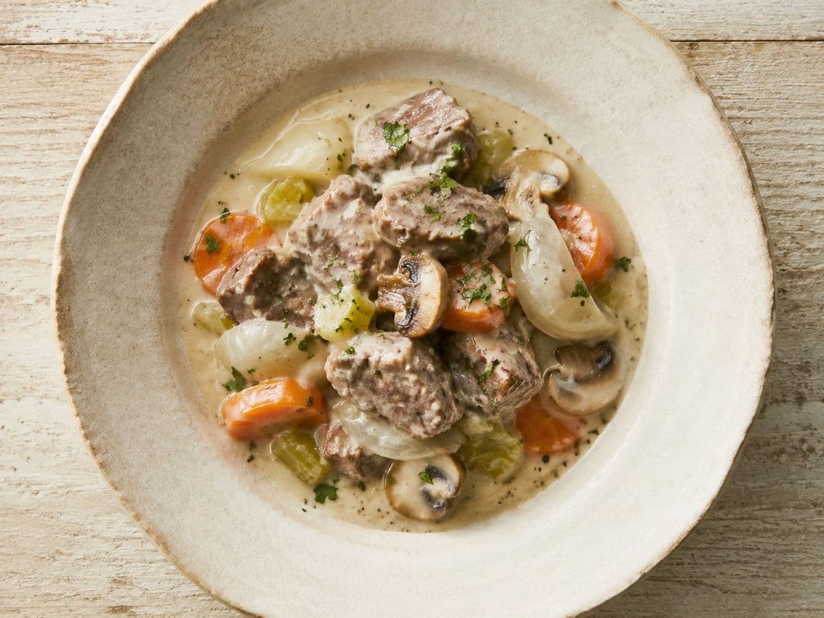 Blanquette de Veau, plated as one serving.