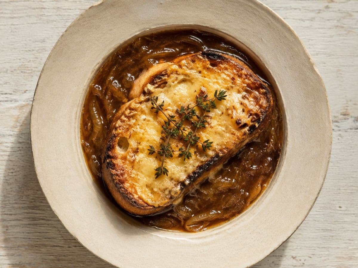 Soupe a l'Oignon, plated as one serving.