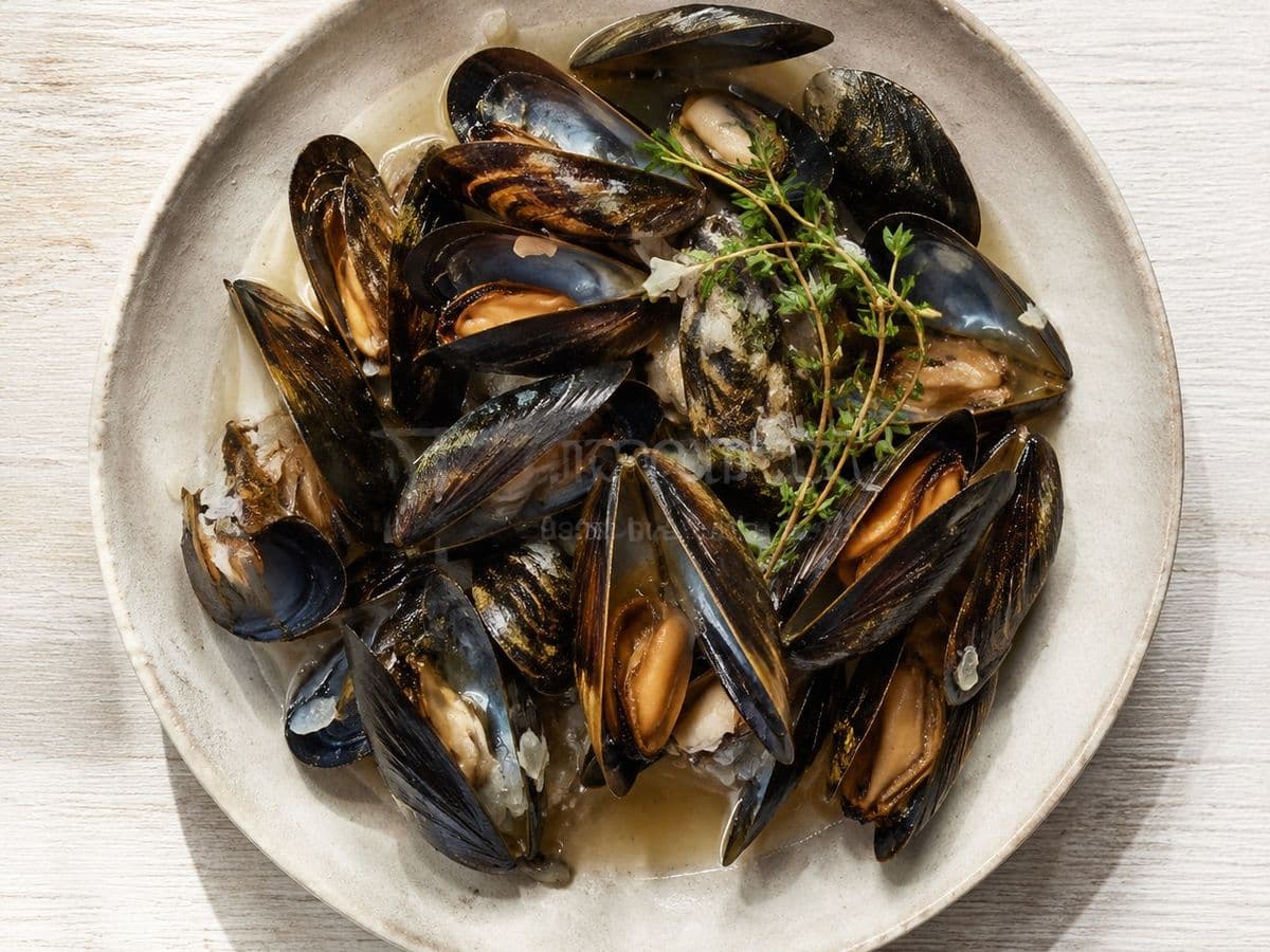 Moules Marinieres, plated as one serving.