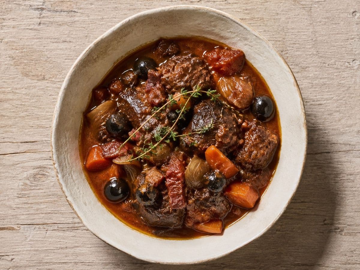 Daube Provencale, plated as one serving.