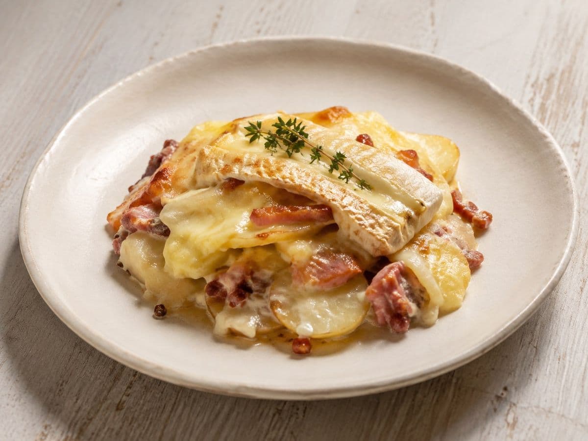 Tartiflette, plated as one serving.