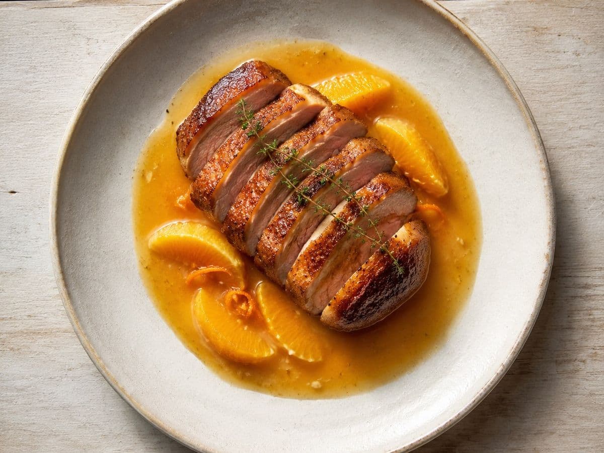 Duck a l'Orange, plated as one serving.