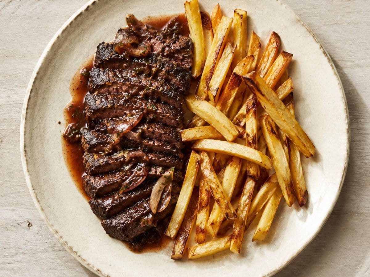 Steak Frites, plated as one serving.