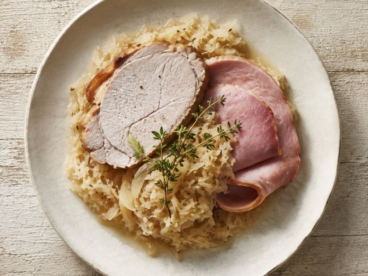 Choucroute Garnie, plated as one serving.