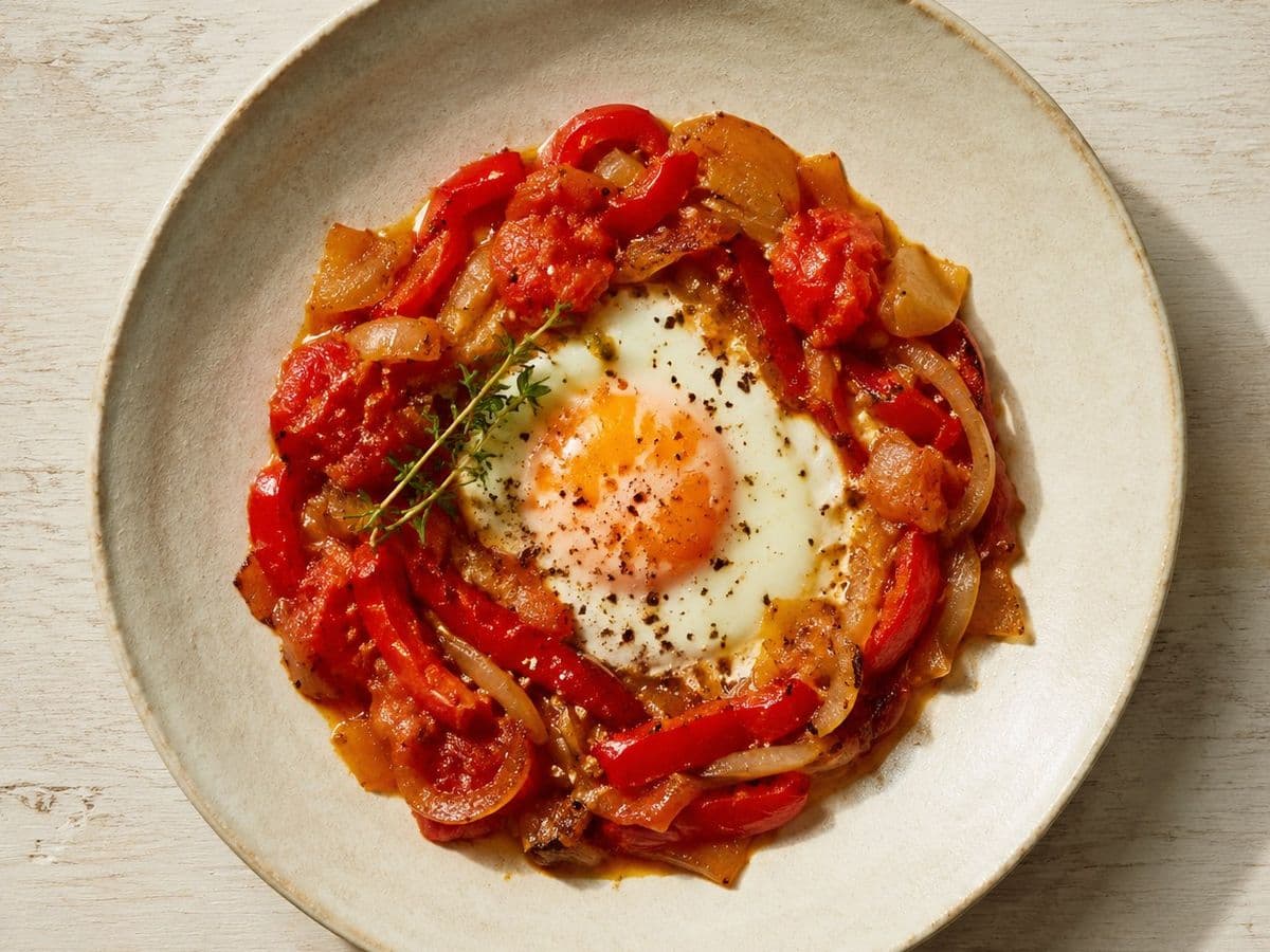 Piperade, plated as one serving.