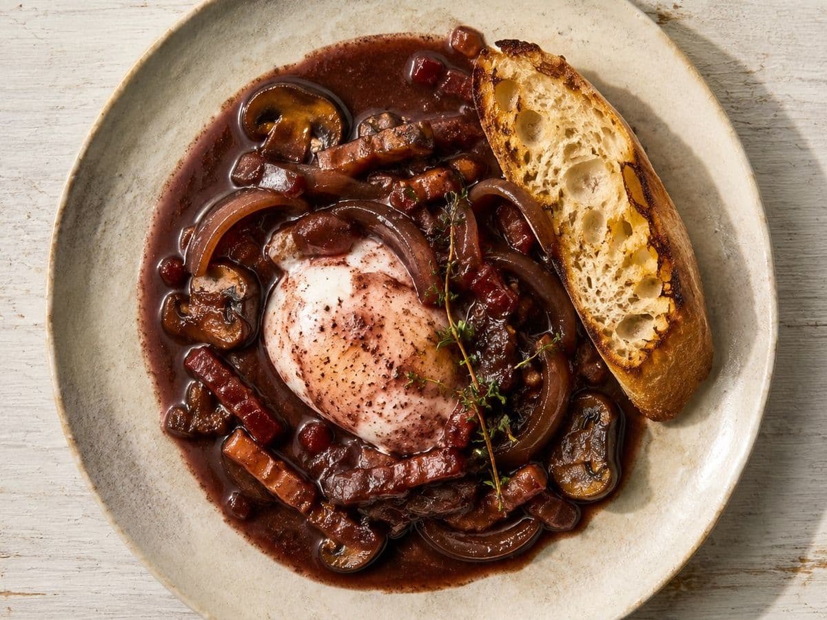 Oeufs en Meurette, plated as one serving.
