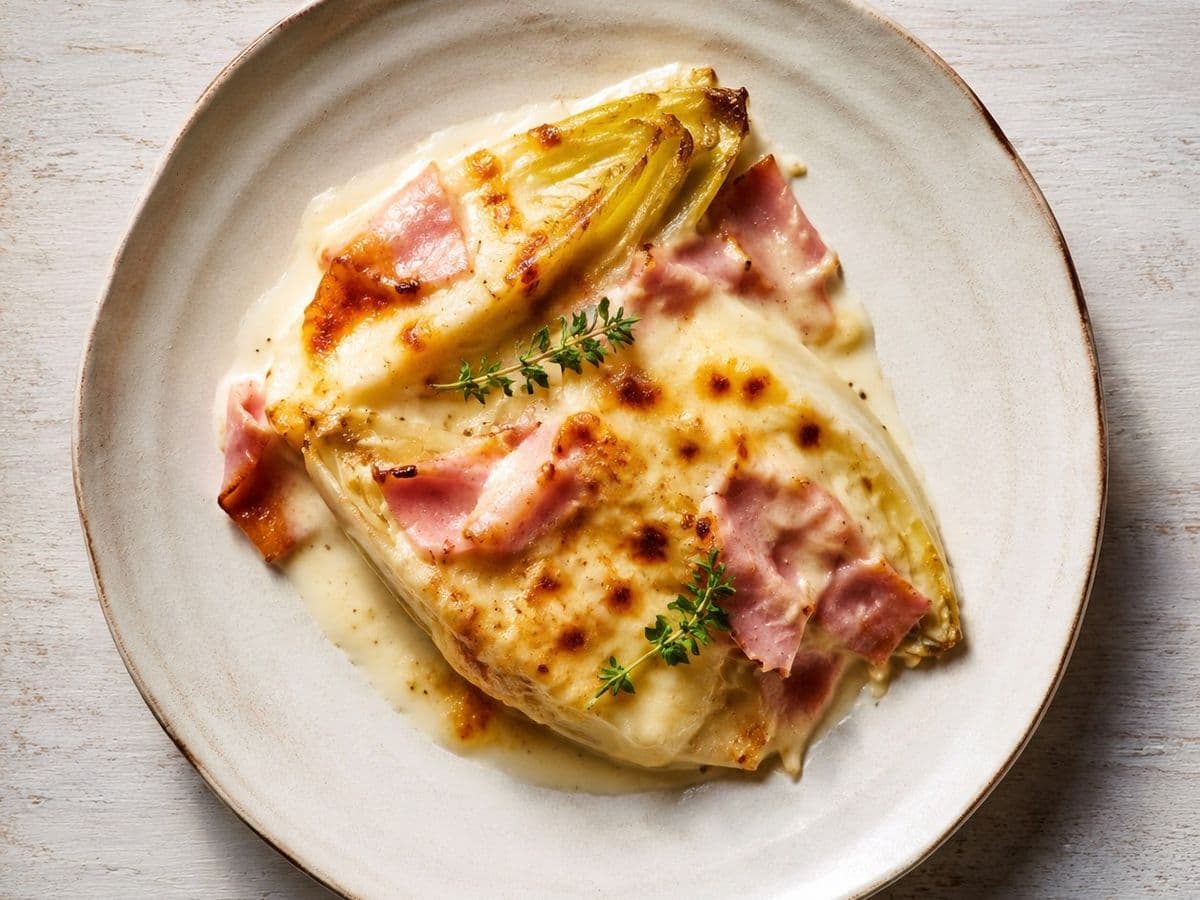 Endives au Jambon, plated as one serving.