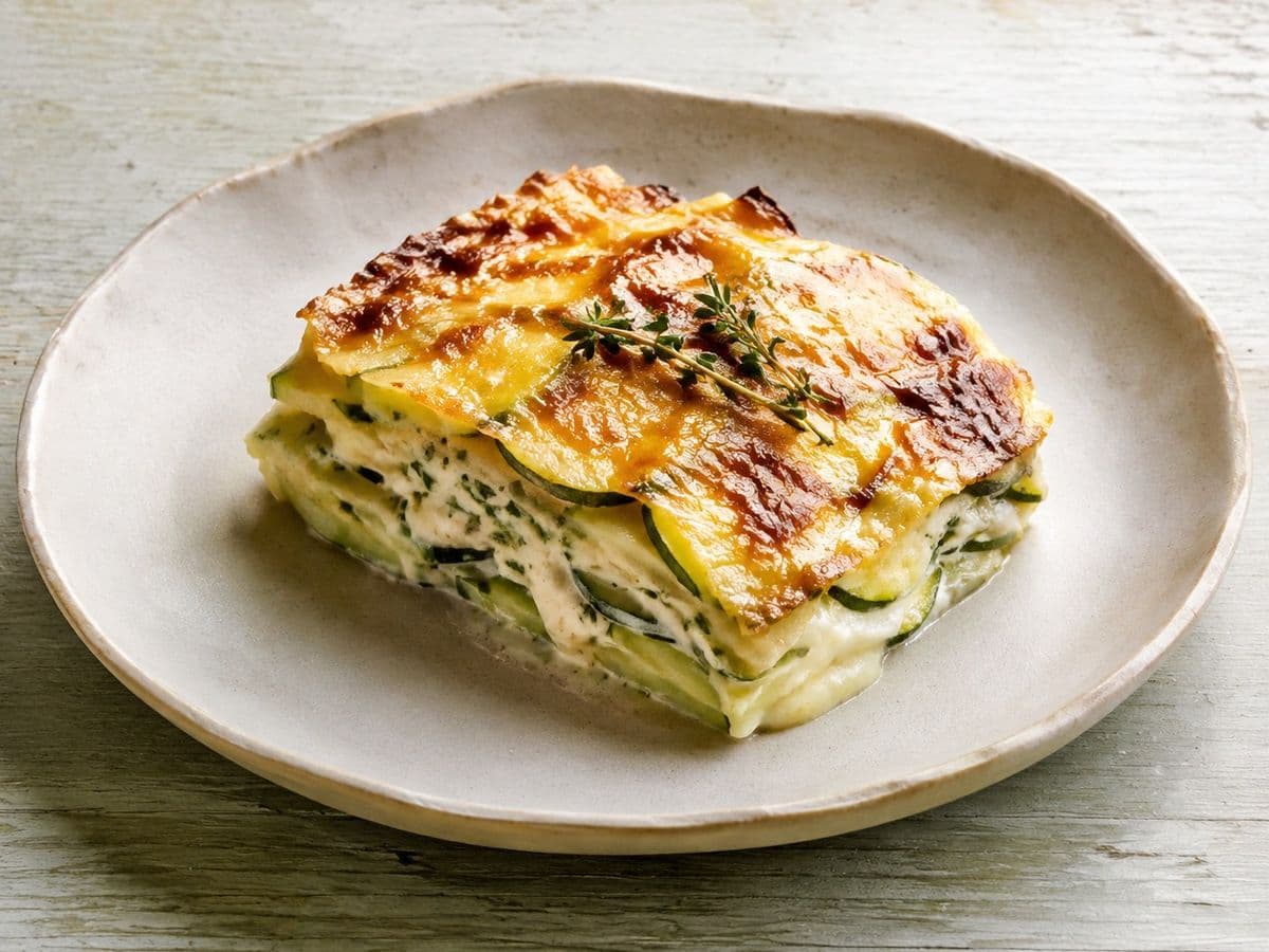 Gratin de Courgettes, plated as one serving.