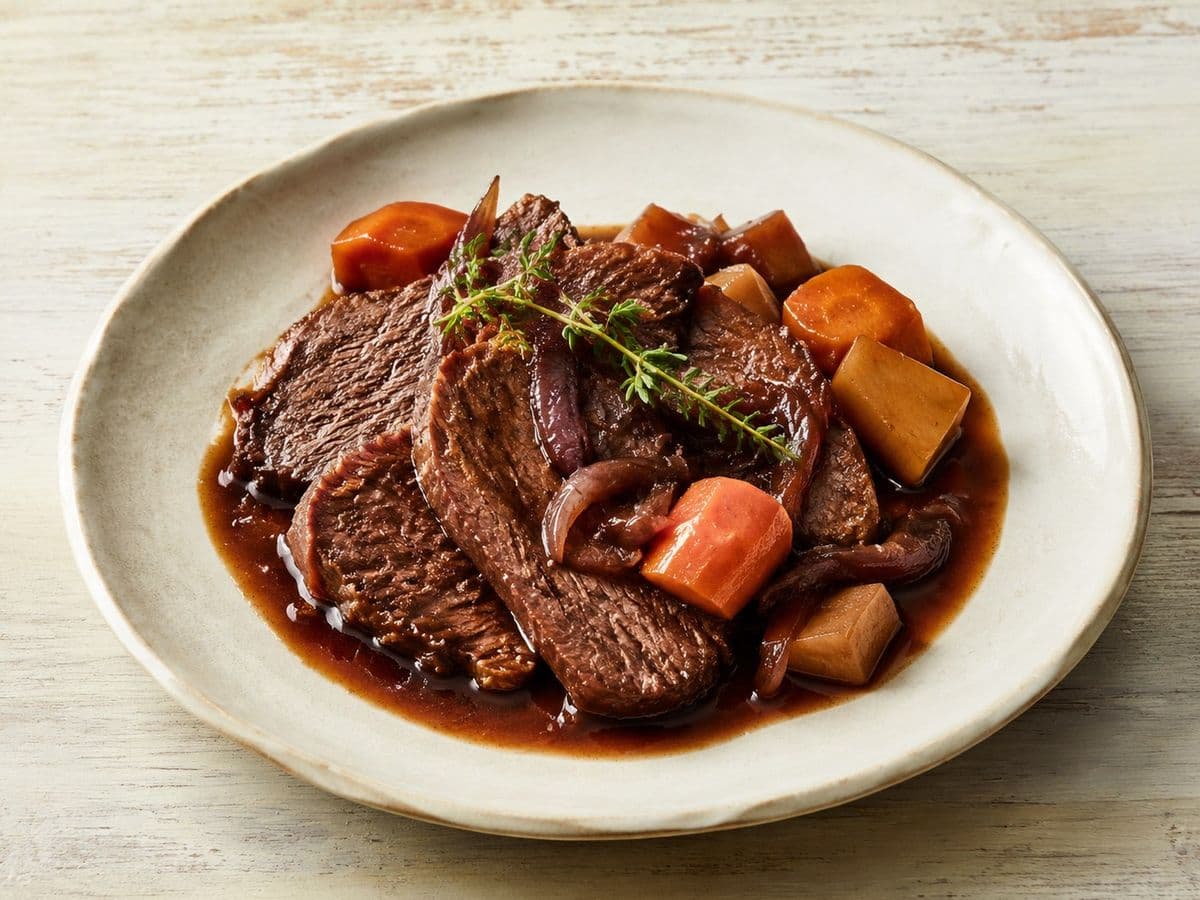 Sauerbraten, plated as one serving.