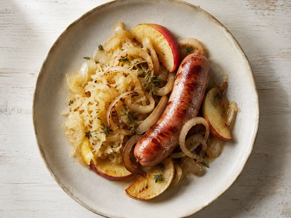 Bratwurst mit Sauerkraut, plated as one serving.