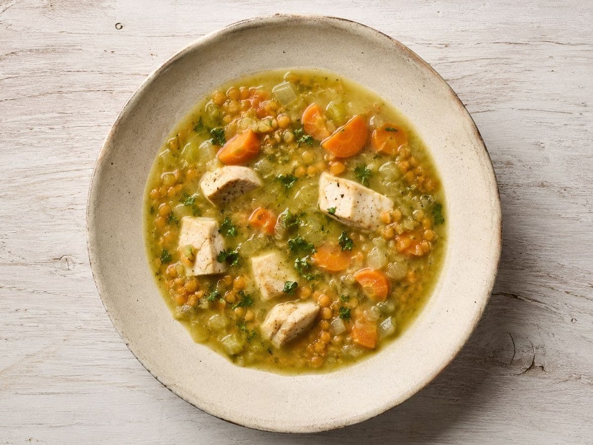 Erbsensuppe, plated as one serving.