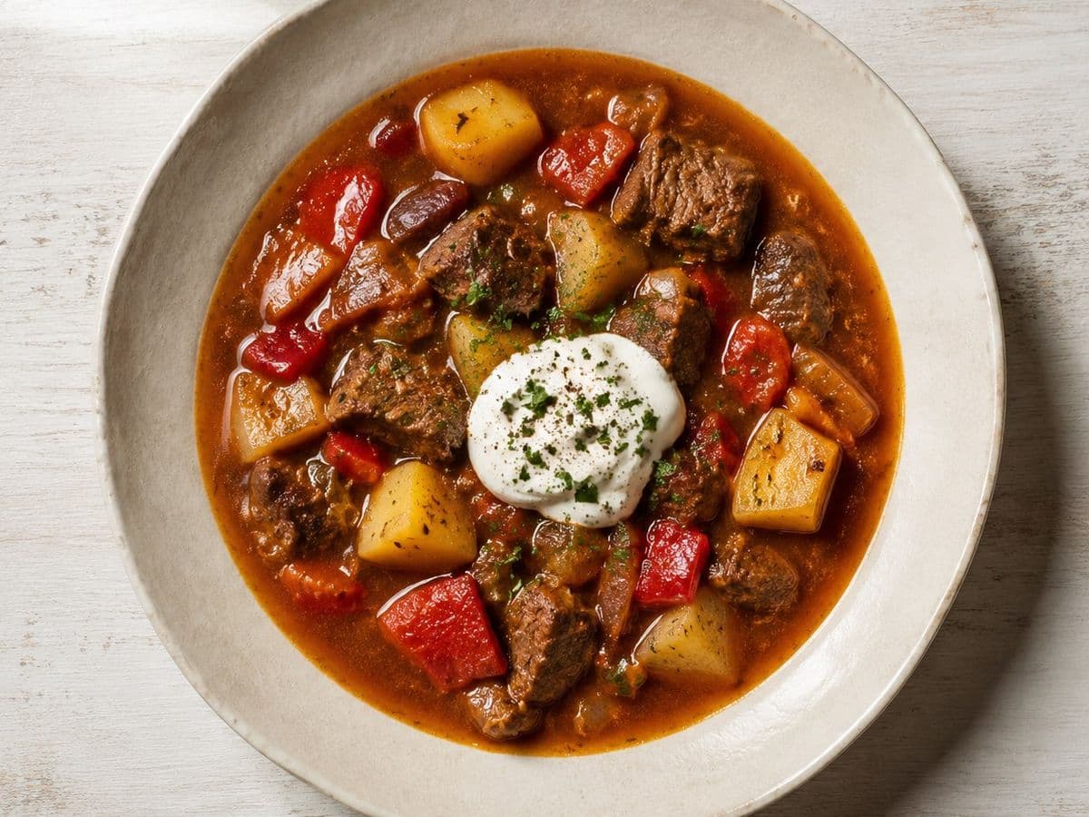 Gulaschsuppe, plated as one serving.