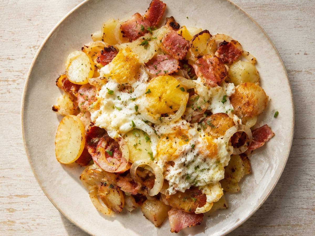 Bauernfrühstück, plated as one serving.