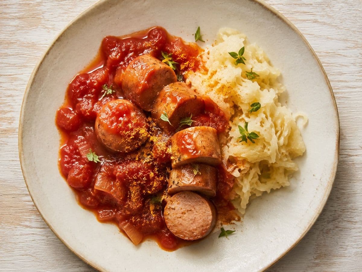 Currywurst, plated as one serving.