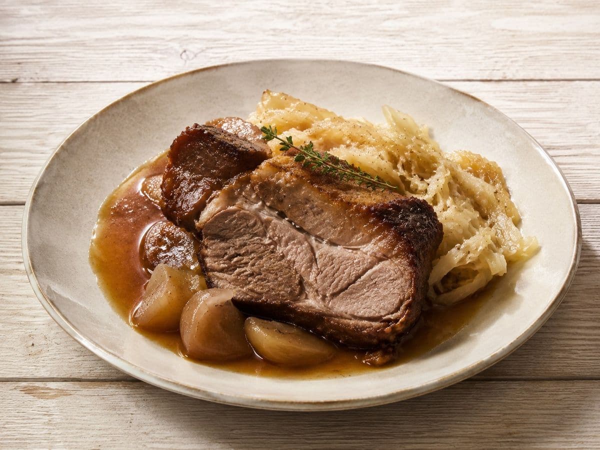 Schweinebraten, plated as one serving.