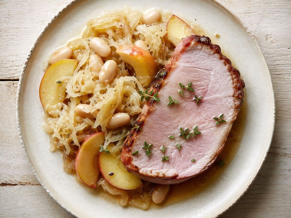 Kassler mit Sauerkraut, plated as one serving.