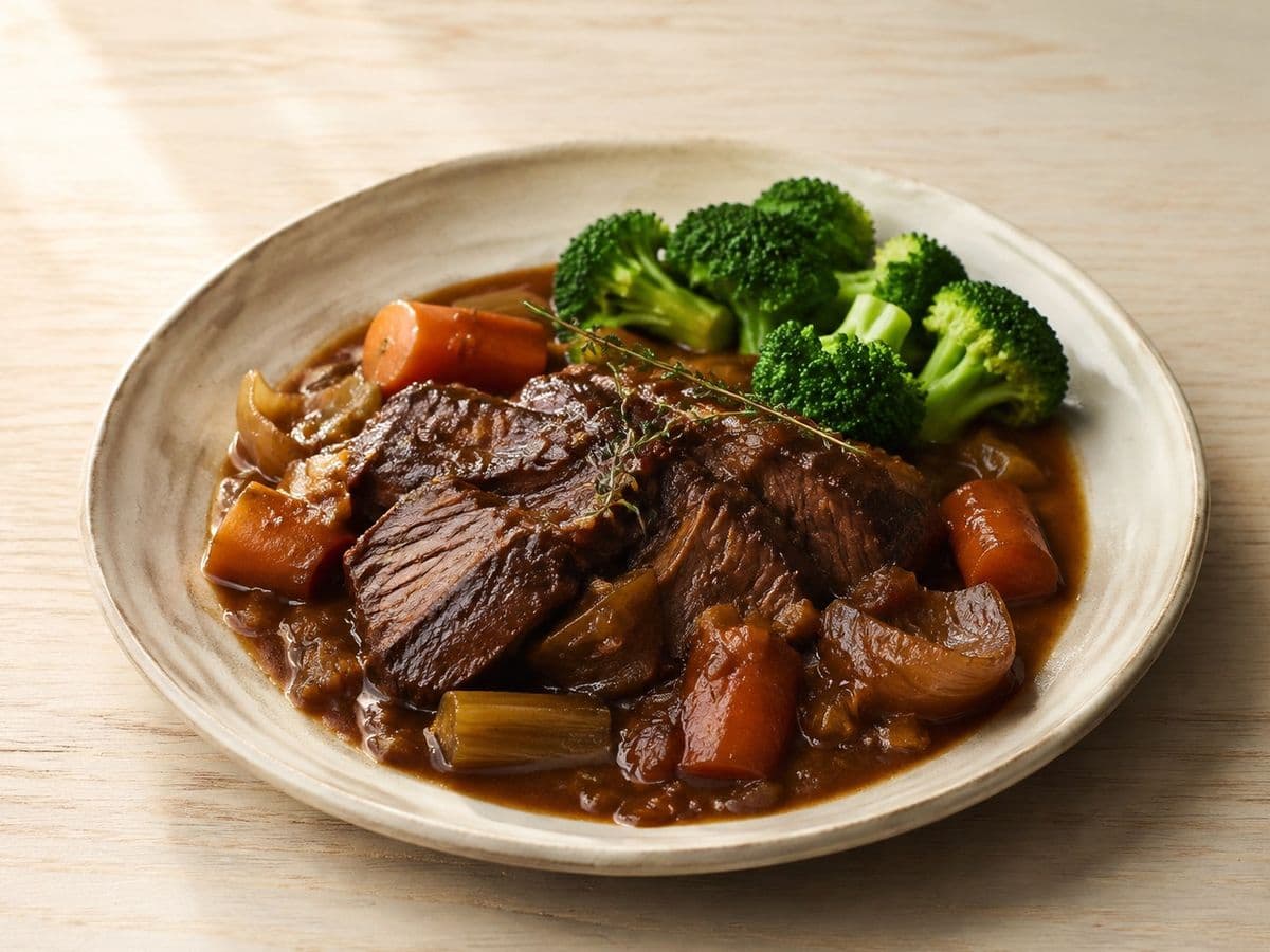 Rinderbraten, plated as one serving.