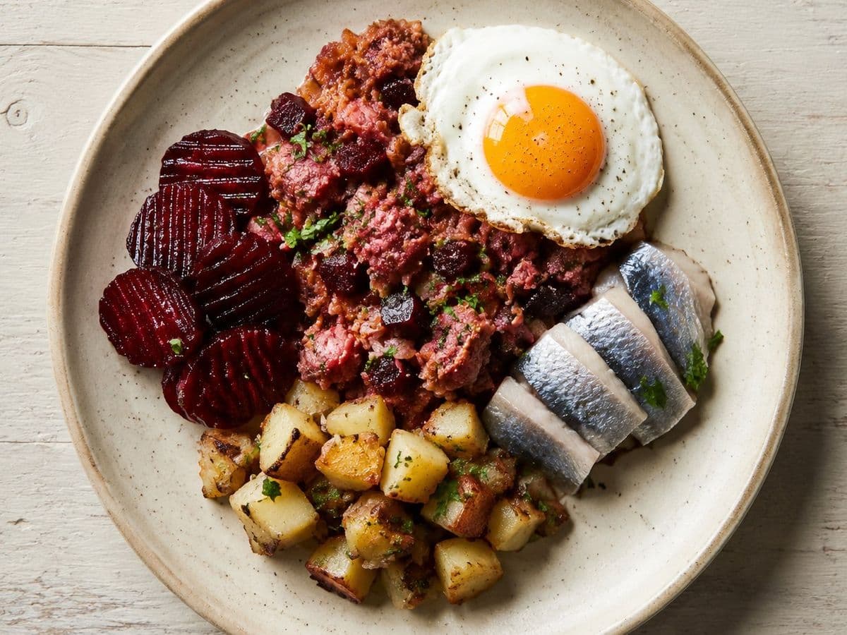 Labskaus, plated as one serving.