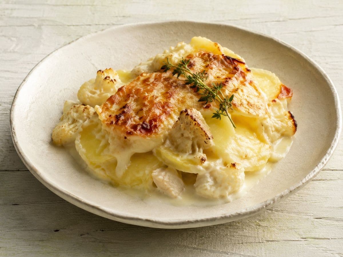 Kartoffelgratin, plated as one serving.