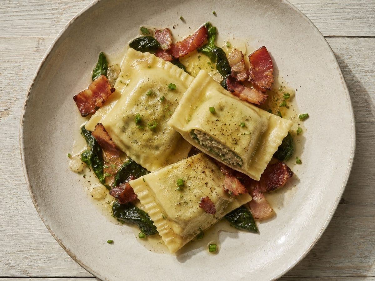 Maultaschen, plated as one serving.