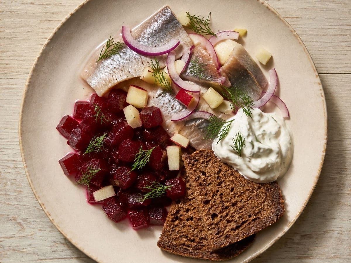 Heringssalat, plated as one serving.