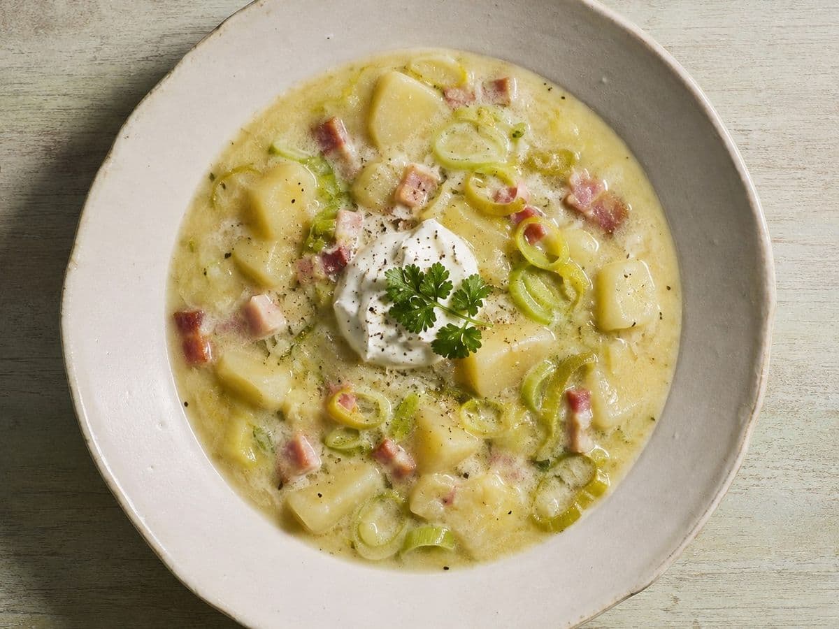 Kartoffelsuppe, plated as one serving.