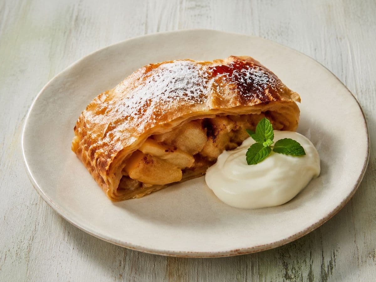Apfelstrudel, plated as one serving.