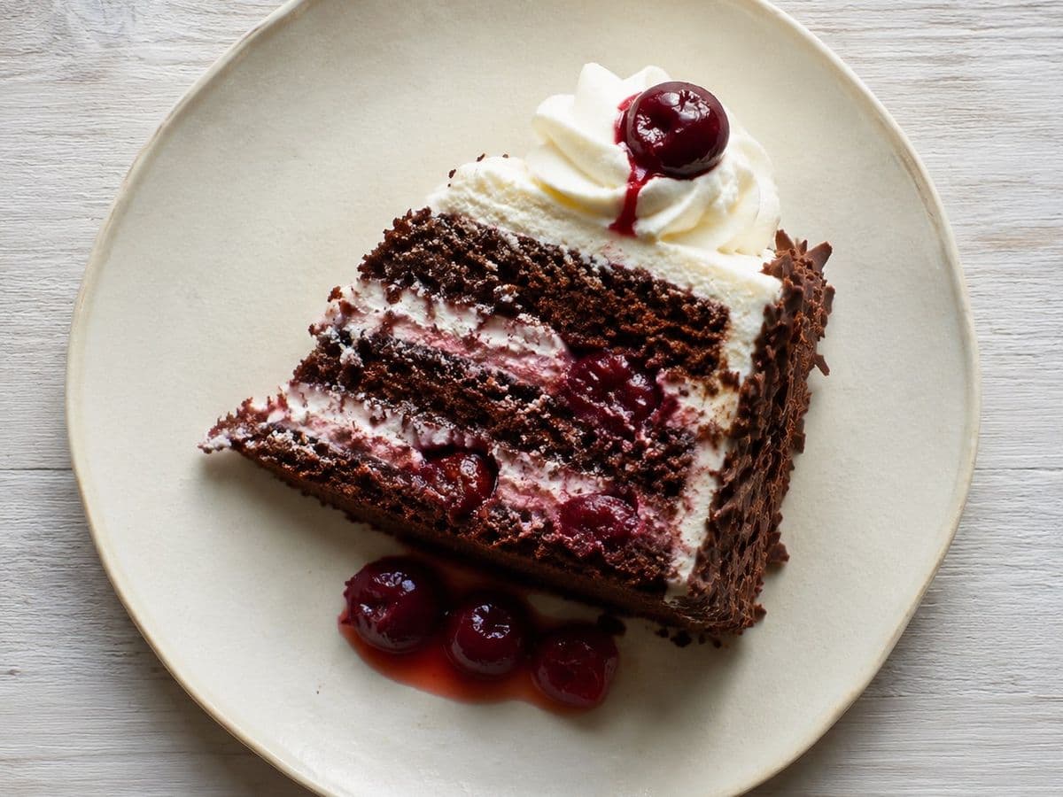 Schwarzwalder Kirschtorte, plated as one serving.