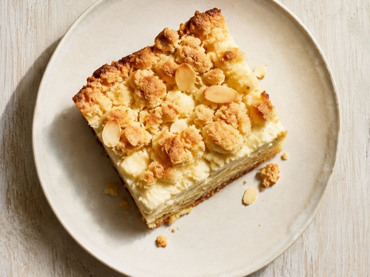 Streuselkuchen, plated as one serving.