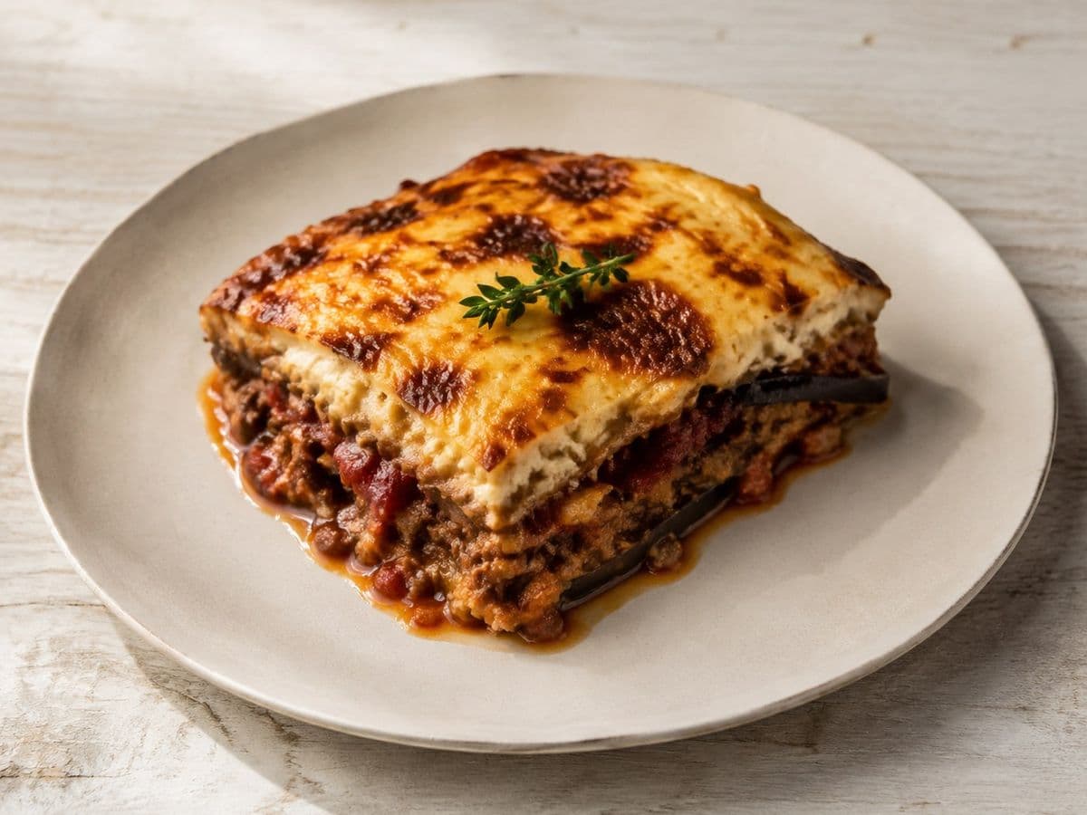 Moussaka, plated as one serving.