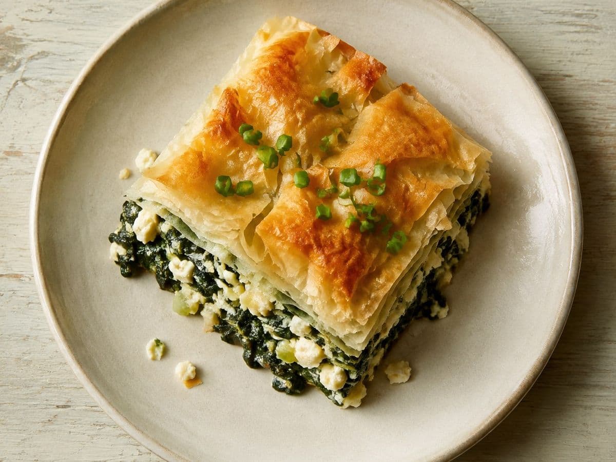 Spanakopita, plated as one serving.