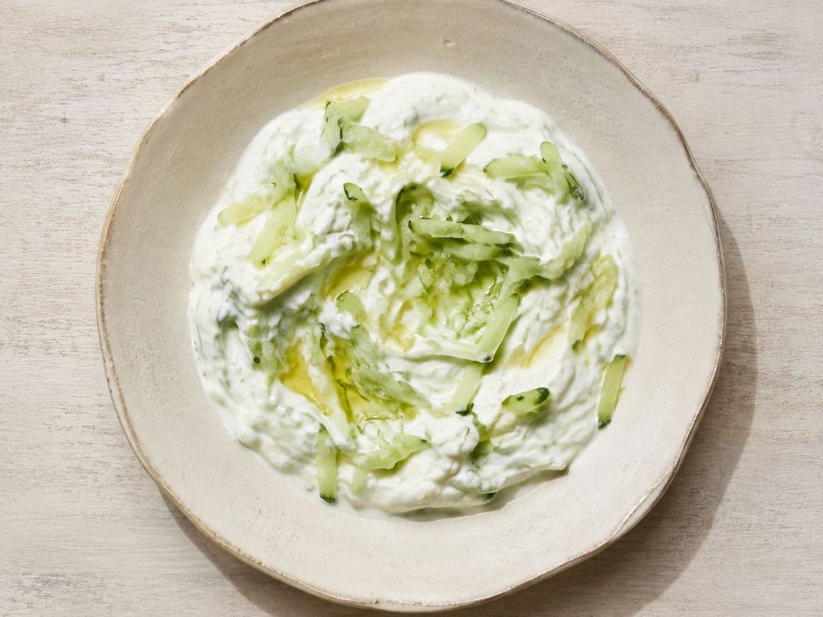 Tzatziki, plated as one serving.