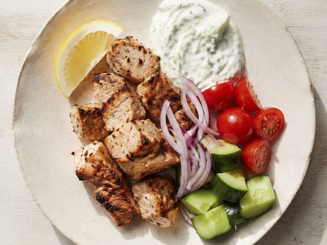 Souvlaki, plated as one serving.