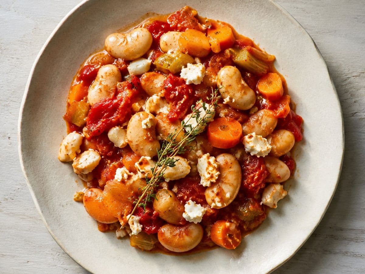 Gigantes Plaki, plated as one serving.
