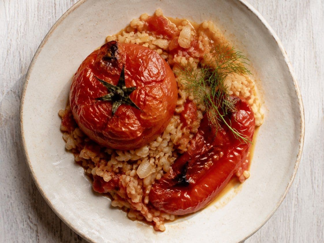 Gemista, plated as one serving.