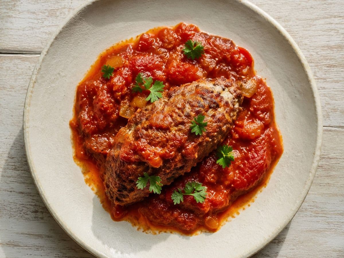 Soutzoukakia, plated as one serving.