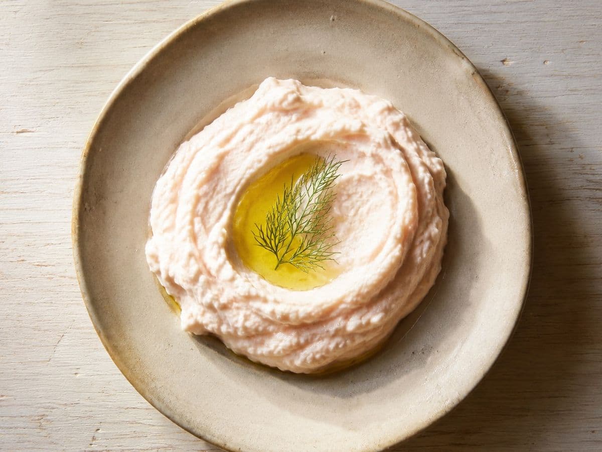 Taramosalata, plated as one serving.
