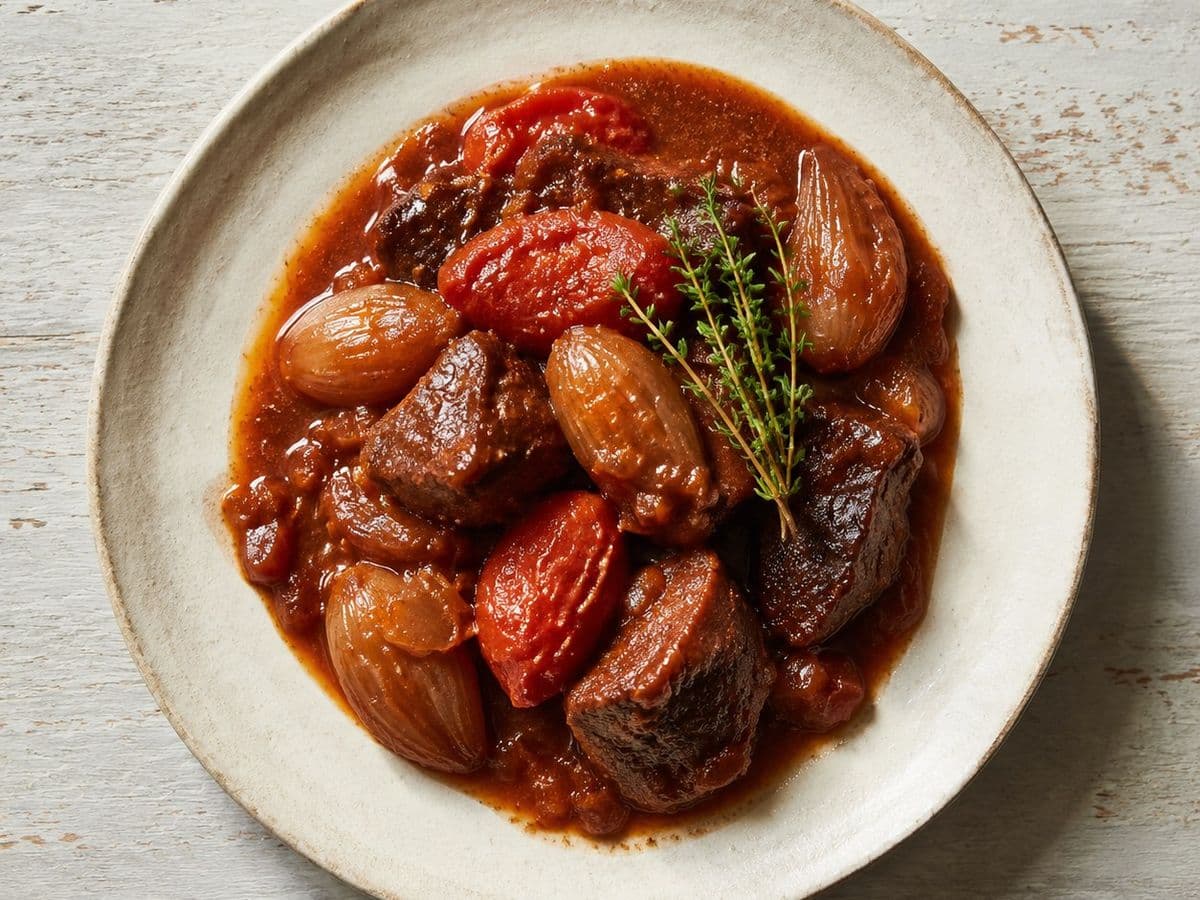 Stifado, plated as one serving.