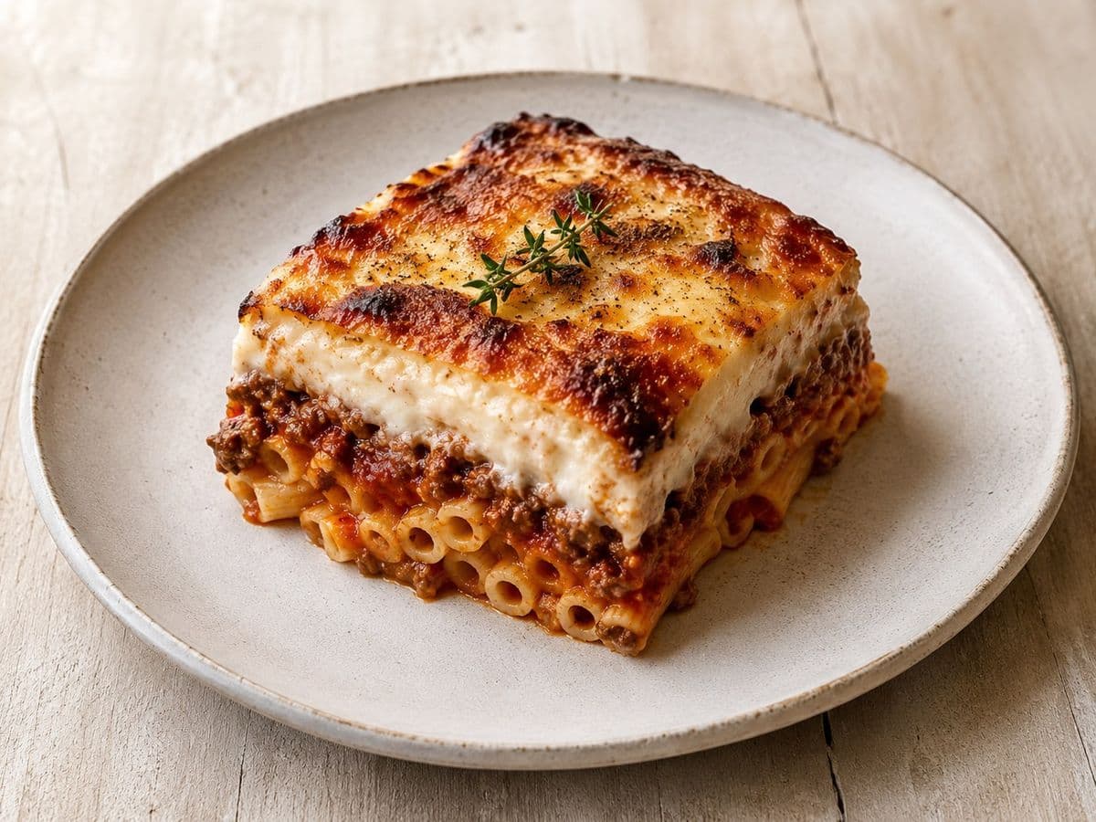 Pastitsio, plated as one serving.