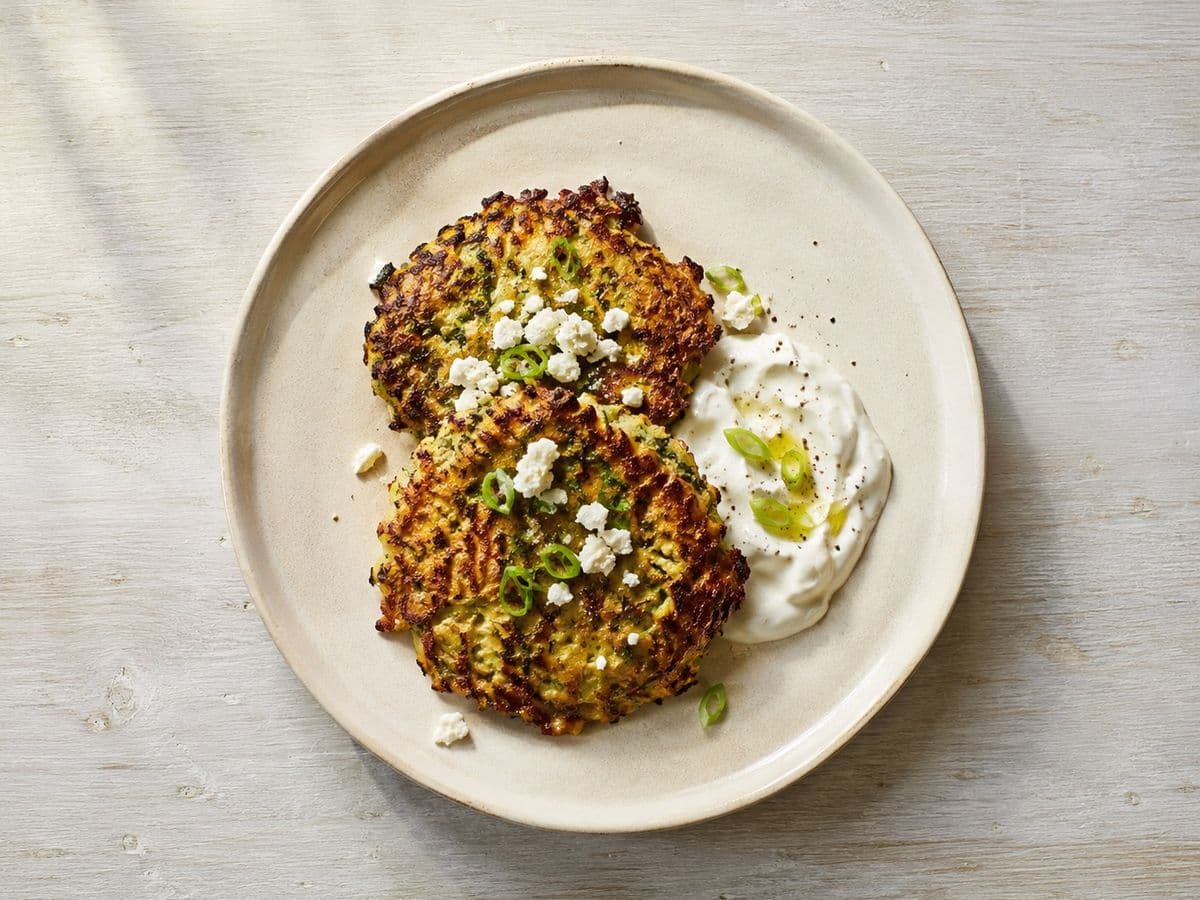 Kolokithokeftedes, plated as one serving.