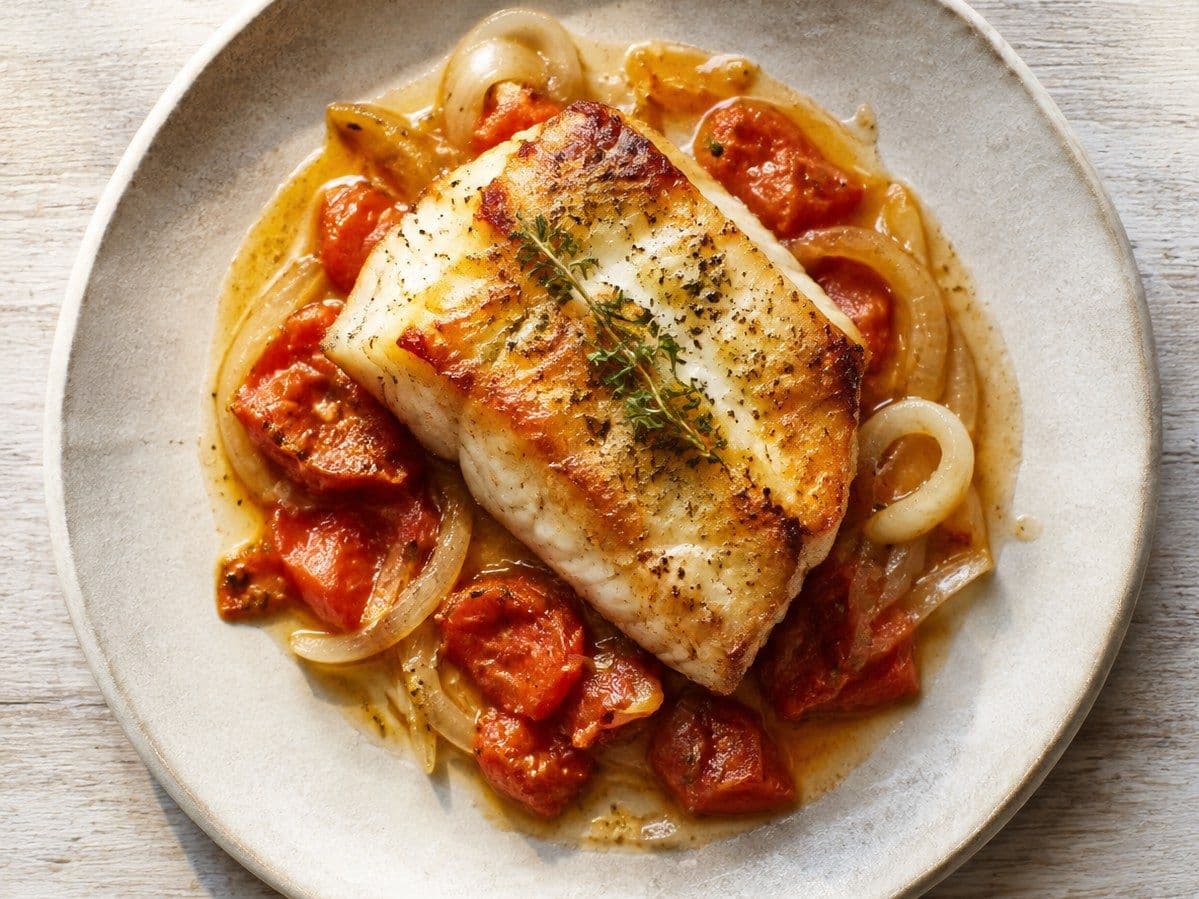 Psari Plaki, plated as one serving.