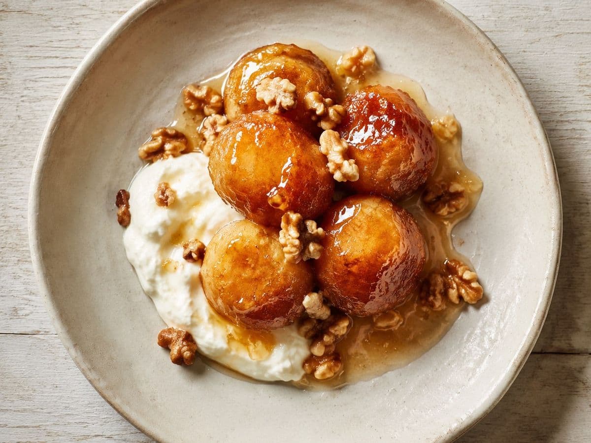 Loukoumades, plated as one serving.