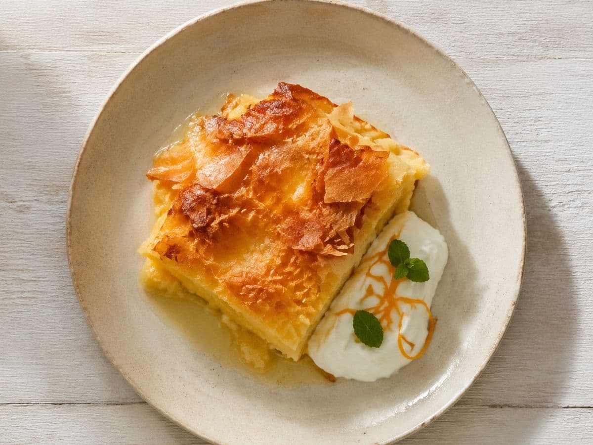 Portokalopita, plated as one serving.