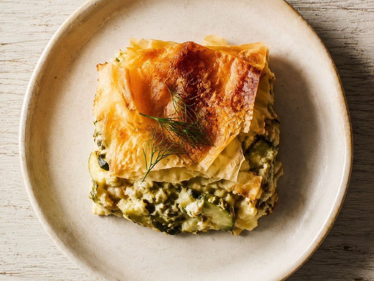 Kolokithopita, plated as one serving.