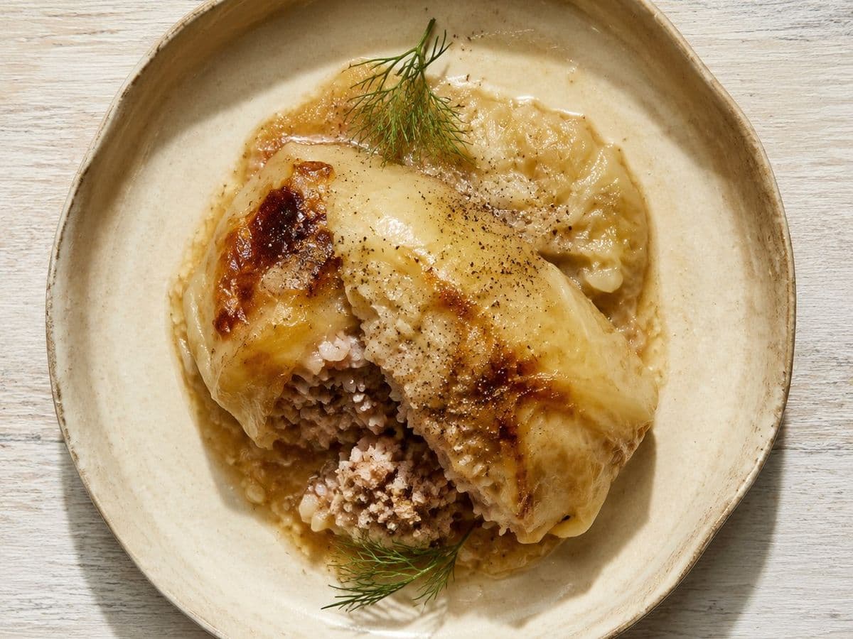 Lahanodolmades, plated as one serving.