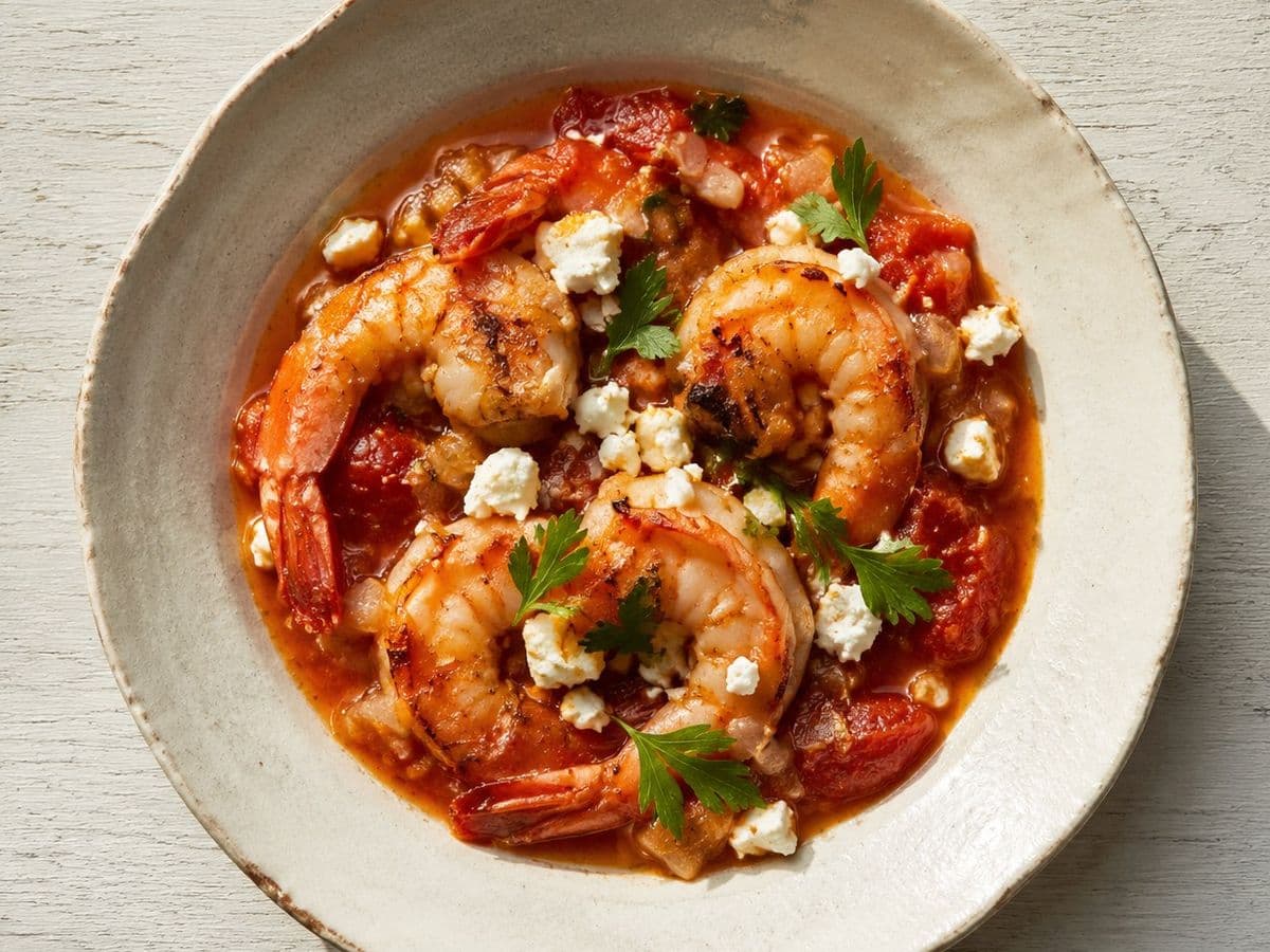 Garides Saganaki, plated as one serving.