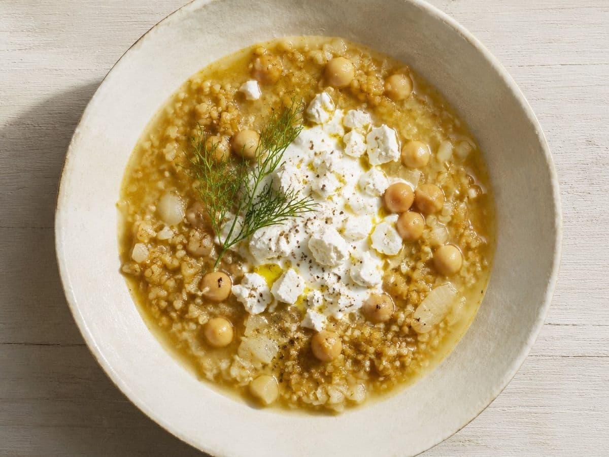 Soupa Trahana, plated as one serving.