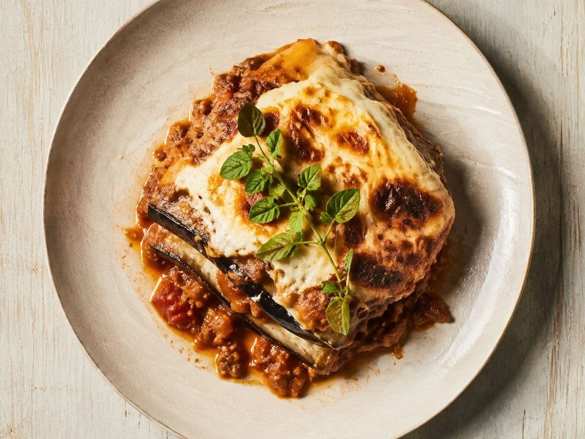 Melitzanes Papoutsakia, plated as one serving.