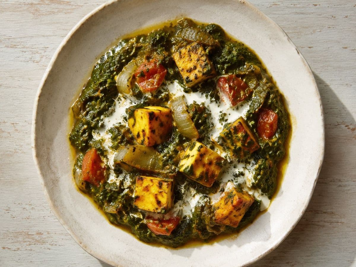 Palak Paneer, plated as one serving.