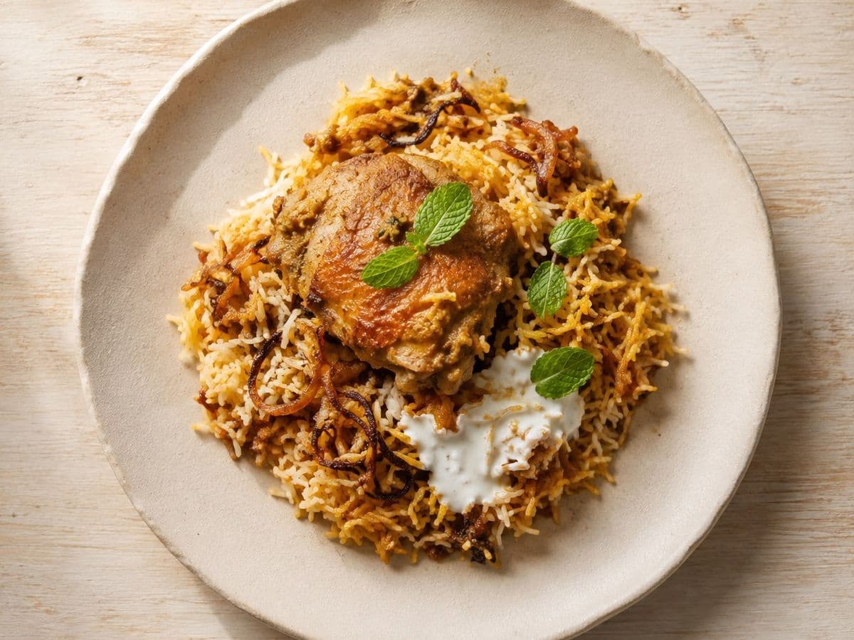 Chicken Biryani, plated as one serving.